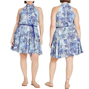 City Chic Blue Paisley Halter Fit & Flare Dress | Tie Waist | Knee Length Sz 14